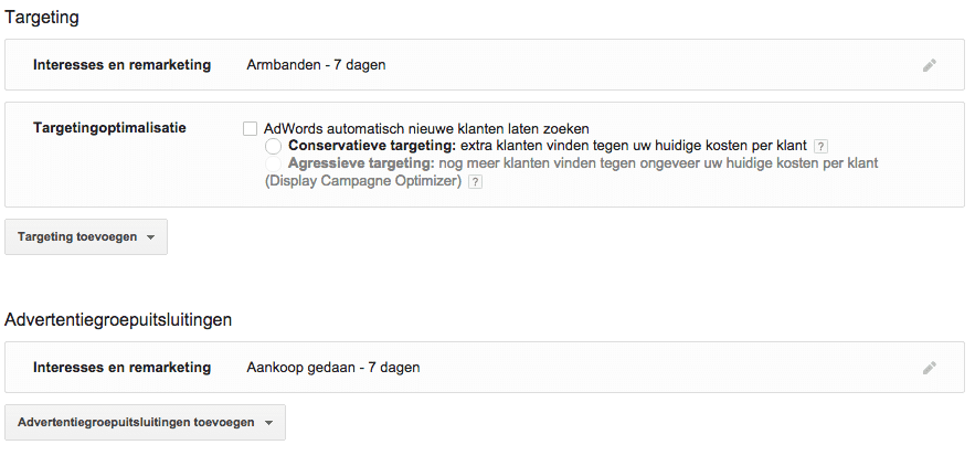 google remarketing adwords filter doelen